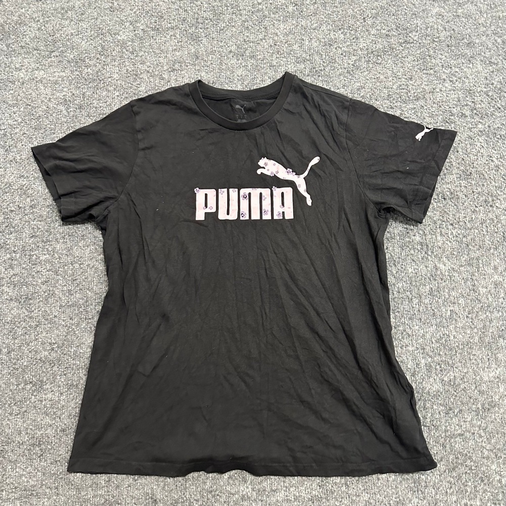 Puma T-Shirt Womens Size L Black Floral Graphic Logo Short Sleeve Cotton Tee